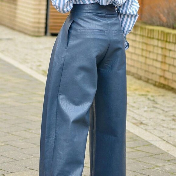 Dusty Blue Elegant Womens Faux leather Baggy w/Pockets Pants high street fashion - Picture 4 of 4